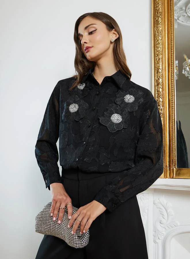Styli Women Black Floral Jacquard Sheer Shirt